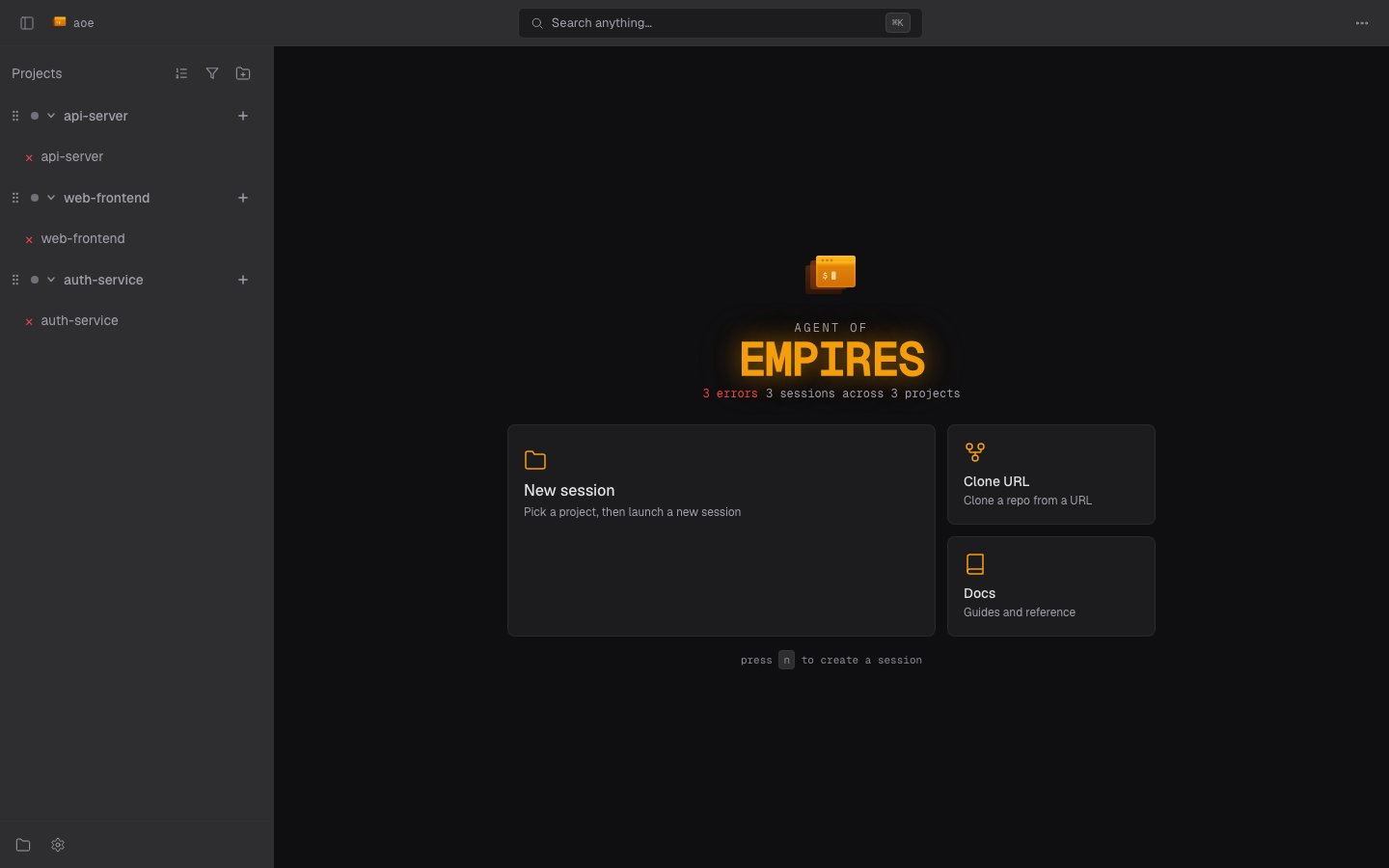 The dashboard with the workspace sidebar, session summary, and status glyphs